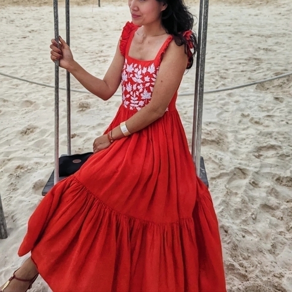 Carolina K Kuna Embroidered A-Line Midi Dress Red Sz Small resort cottagecore - Picture 2 of 13